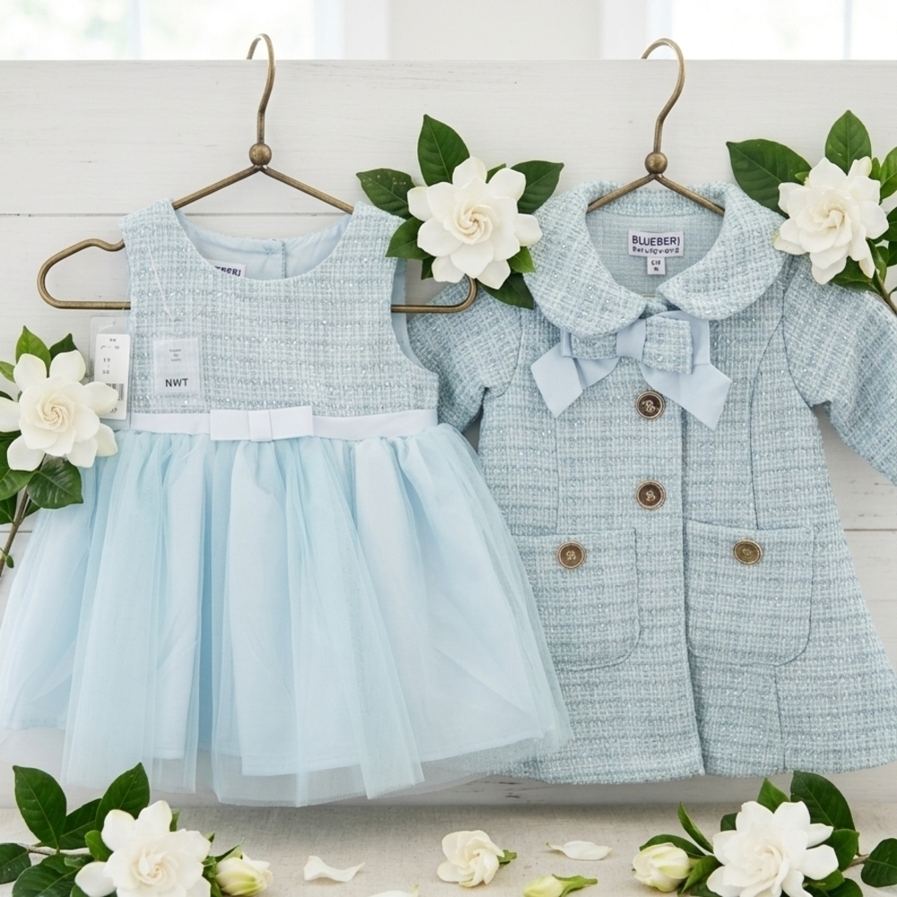 Blueberi Boulevard Light Blue Sparkle Tweed Dress & Coat Set, S6/8m, NWT
